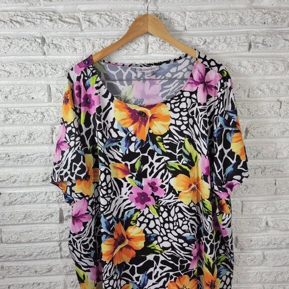 Roamans Women Top 3X Short Sleeve Yellow Floral Poly Blend Career FLO32E - Picture 2 of 8